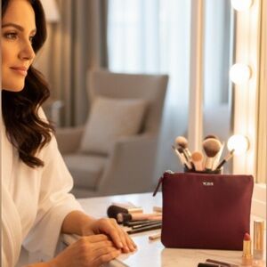 Tumi  Burgundy nylon pouch with zip closure